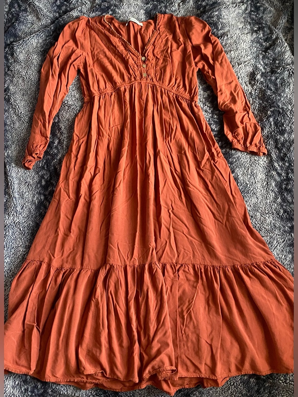 Rusttydustty Women’s Large Orange V-Neck Button 3/4 Sleeve Boho Maxi Dress